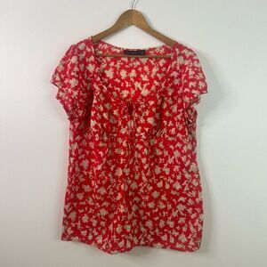 Zinger Plus Red Floral Babydoll Blouse Size 1X Cotton Boho Cottagecore Tunic Top